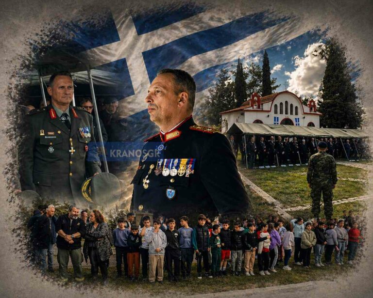 Στρατιωτική εκδήλωση για τον Άγιο Γεώργιο με αξιωματικούς, παρουσία κόσμου και μεγάλη συμμετοχή παιδιών σε υπαίθριο χώρο μπροστά από εκκλησία