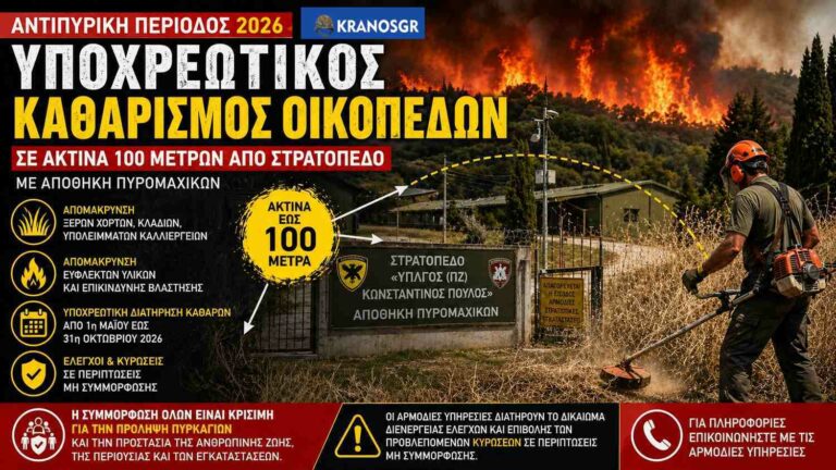 Καθαρισμός οικοπέδου με χορτοκοπτικό κοντά σε στρατόπεδο με αποθήκη πυρομαχικών στο πλαίσιο της αντιπυρικής περιόδου 2026