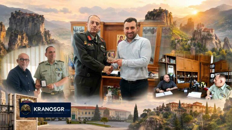 Ο Διοικητής της ΣΜΥ Ταξίαρχος Κωνσταντίνος Κωτάκος σε συναντήσεις με δημάρχους των Τρικάλων, με φόντο τα Μετέωρα και τη Σχολή Μονίμων Υπαξιωματικών.