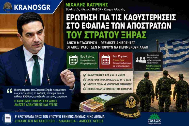 Κατρίνης: Ερώτηση για καθυστερήσεις στο εφάπαξ