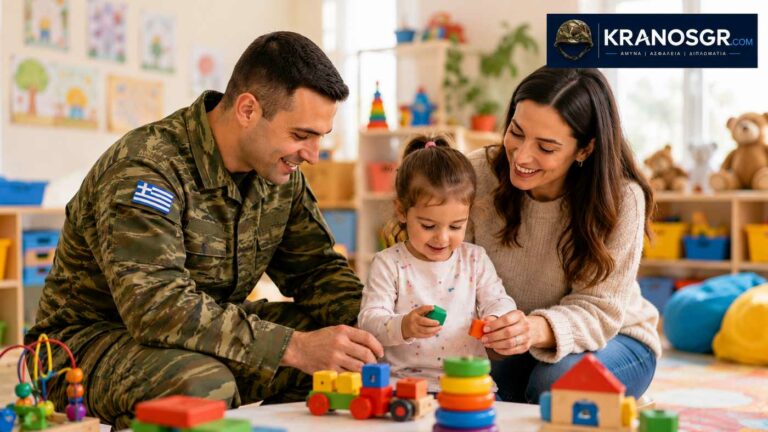 Στρατιωτικός με την οικογένειά του σε χώρο βρεφονηπιακού σταθμού, με παιδί που παίζει με εκπαιδευτικά παιχνίδια.