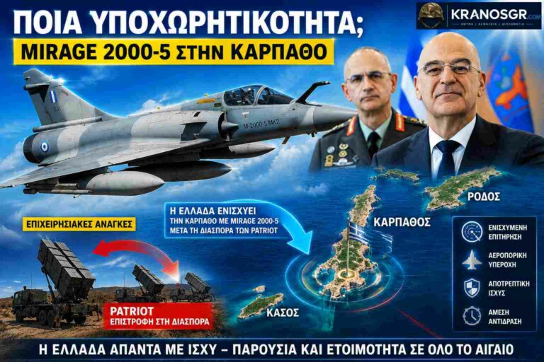 Mirage 2000-5 της Πολεμικής Αεροπορίας πάνω από την Κάρπαθο με Δένδια και Χούπη σε γραφικό του KranosGR για την επιστροφή των Patriot στη διασπορά
