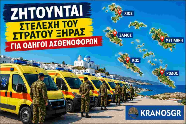 Στρατιωτικοί έξω από ασθενοφόρα του ΕΚΑΒ σε ελληνικό νησί με χάρτη Χίου, Σάμου, Κω, Ρόδου και Μυτιλήνης. Φωτό ΑΙ